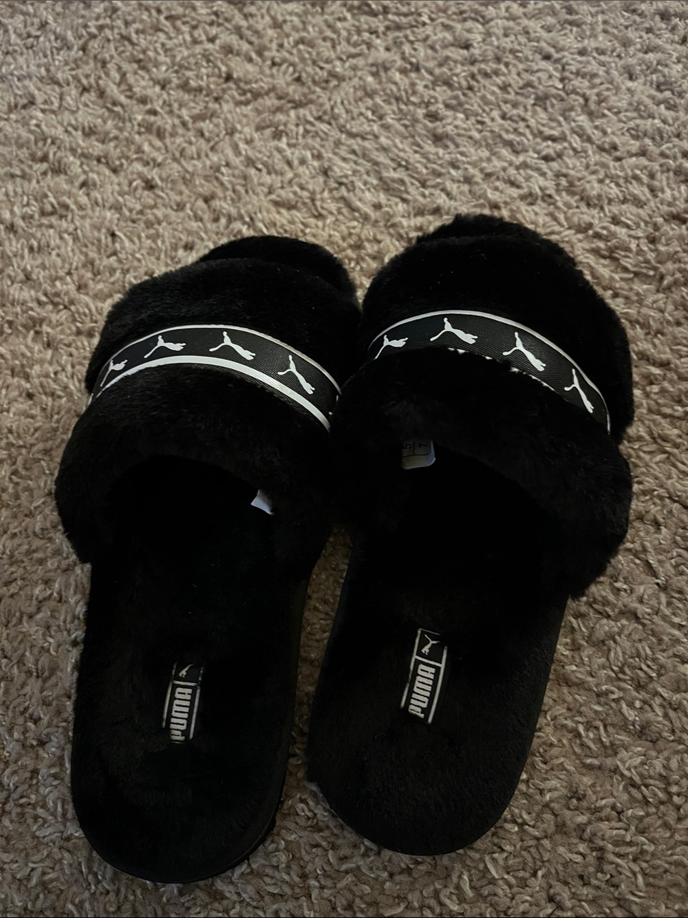 Puma Black Faux Fur Slide Sandals with Logo Band